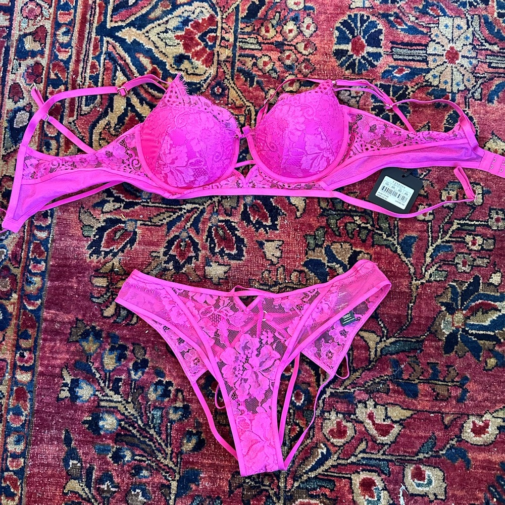 Honey Birdette Set - Vanessa Shimmer Hot Pink Harness Bra & Thong Panty Lace